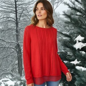 Lucky Brand Sweater S Red Layered Chiffon Long Sleeve Pullover Swiss‎ Dot Flowy